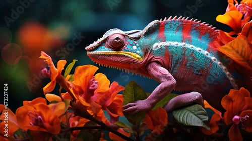 A chameleon subtly changing its colors while perched on a vibrant flower.