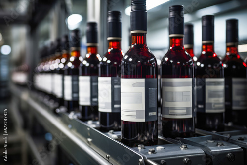 Wine bottling in a modern production line, featuring glass bottles and expert craftsmanship