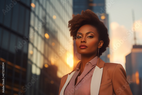 Confident Businesswoman Embracing Success in the Morning Cityscape.