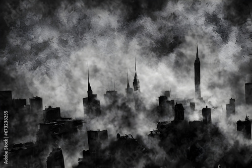 Abstract cityscape background of silhouette of a city skyline covered by smoke fog and mist