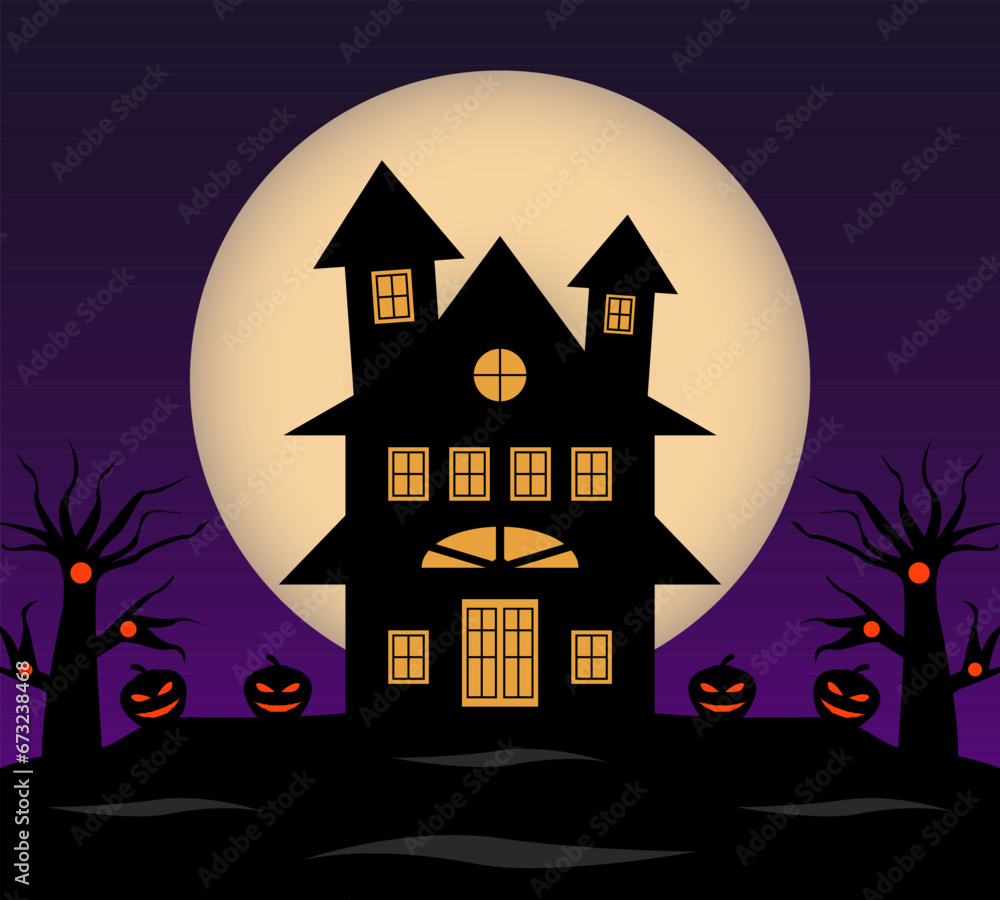 halloween template background, empty house with pumpkins and trees silhouette.