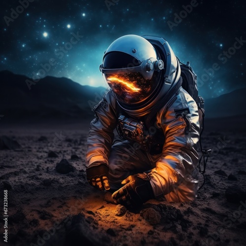 Ethnic male astronaut in spacesuit holding helmet while browsing smartphone and standing on ground over glowing space