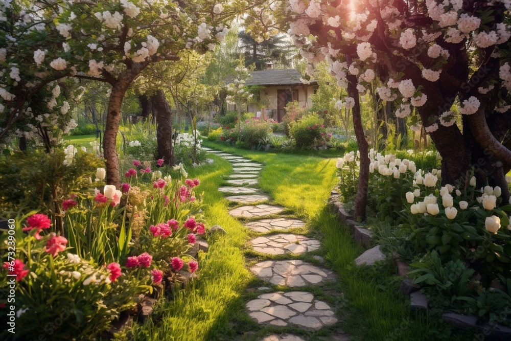 Path with blooming flowers in a garden during the spring. Generative AI