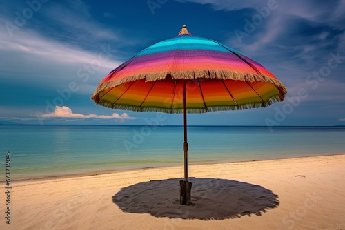 Colorful umbrella on a tropical shore. Generative AI