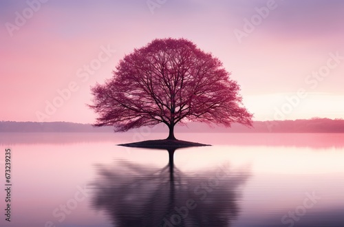 cherry blossom tree in the middle of the lake in a pink sunset, concept peace