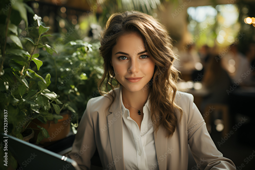 Close-up of a businesswoman using a laptop on a working space background