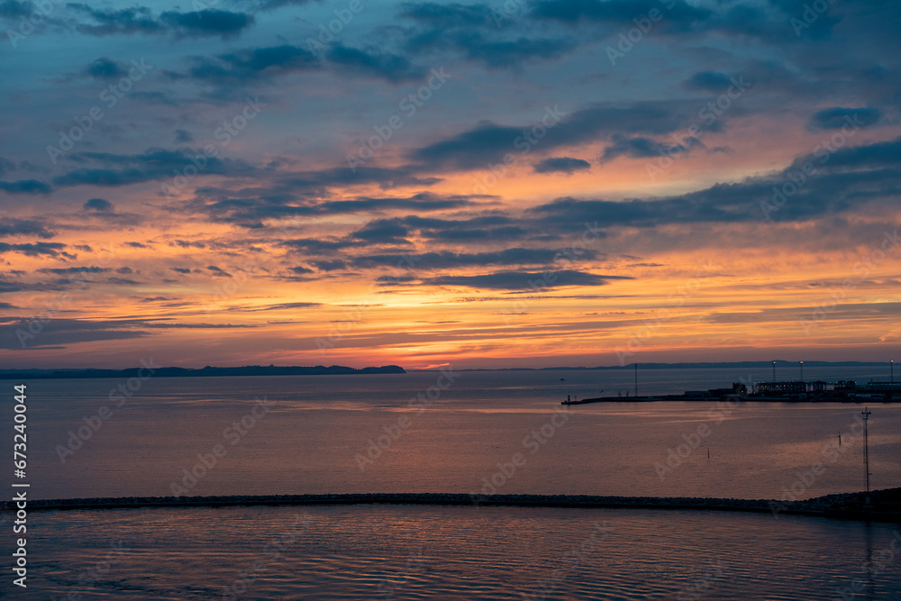 Aarhus, Denmark: beautiful sunrise in the harbor of Aarhus