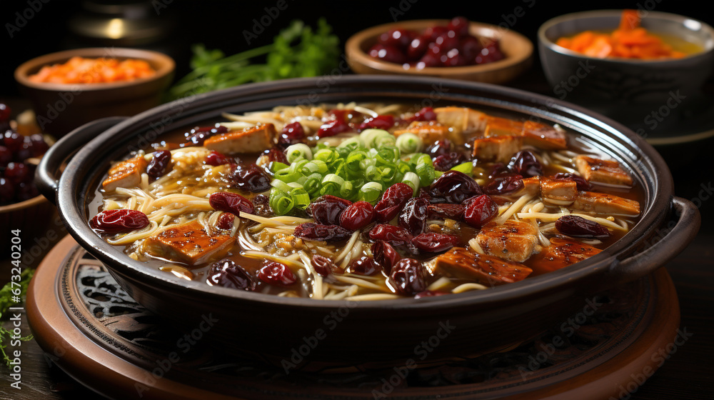Chinese Soup with Red Dates Codonopsis Pilosula Licorice on Blurry Background Chinese Soup with Red Dates Codonopsis Pilosula Licorice on Blurry Background