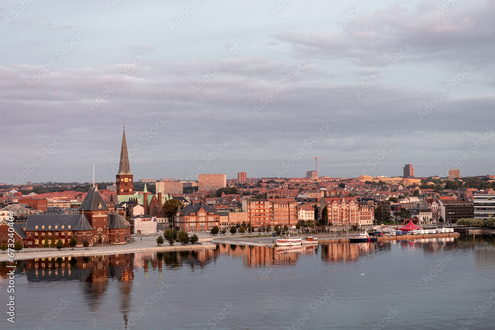 Aarhus, Denmark: Aerial view of waterfront with Aarhus cathedral and historical building Toldboden