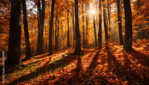 autumn forest in the morning, scene of sunrise in morning