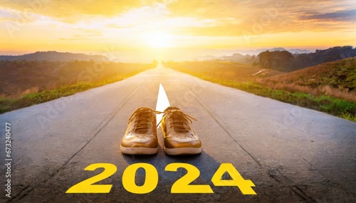 Shoes on road which print screen start and 2024 wording