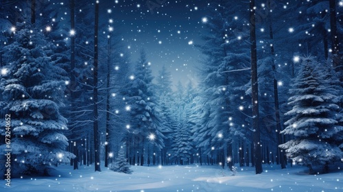 Night dark Forest winter landscape with fir trees on starry sky background. Moody botanical atmosphere illustration. Dreamy wallpaper for Christmas or New Year greetings. © Oksana Smyshliaeva