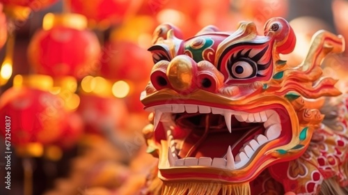 Close up of Chinese Dragon Head performing its traditional dragon dance festival. Chinese New Year celebration 2024..