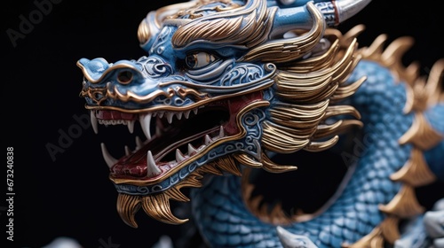 Blue wooden Chinese dragon statuette background. Navy Dragon's face of figurine. Happy Chinese new year 2024 Wallpaper concept..