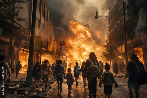 A crowd of people in a destroyed city. City on fire. Innocent civilian running away from missile attack in the city or or natural disaster photo