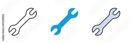 Wrenchicon. Line, glyph and filled outline colorful version. Symbol, logo illustration. Different style icons set. Pixel perfect vector graphics.