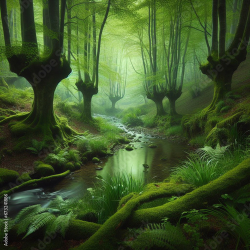 Enchanted forest in green tones