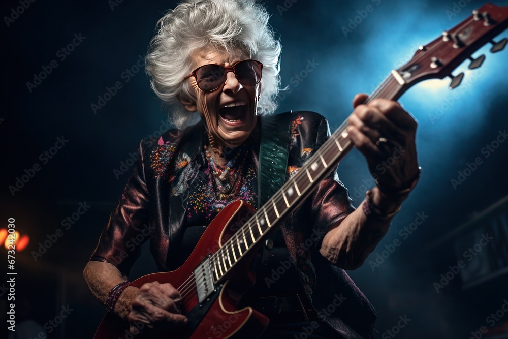 Obraz premium A grandmother with gray hair, a radiant smile, and dark glasses energetically plays her electric guitar and sings on stage