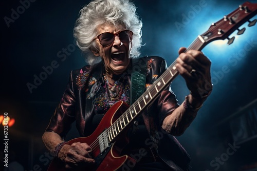 A grandmother with gray hair, a radiant smile, and dark glasses energetically plays her electric guitar and sings on stage