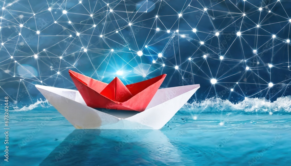 Red paper boat sailing out of white paper boat virtual sea.