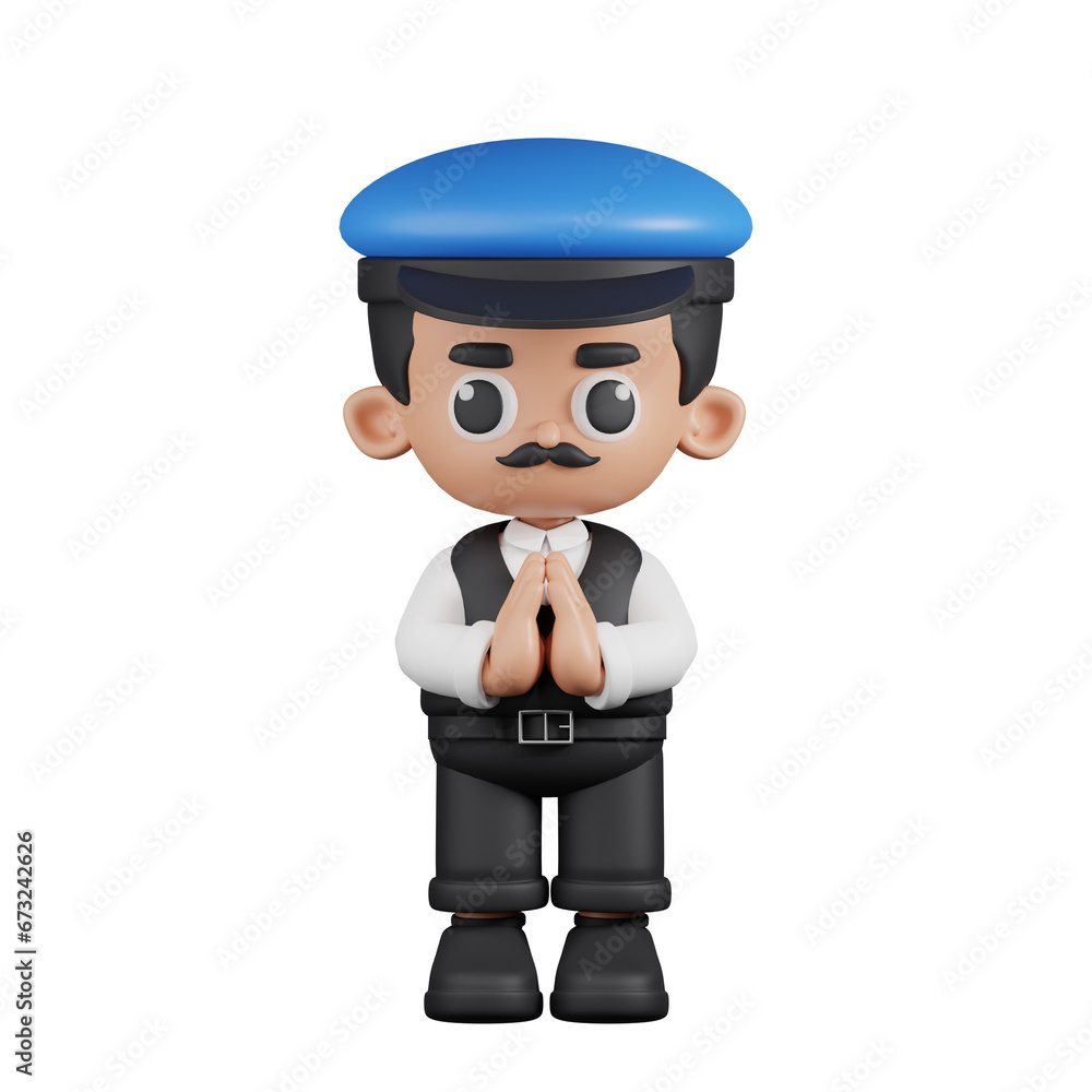 3d Character Driver Apologizing Pose. 3d render isolated on transparent backdrop. 3d Character Driver Apologizing Pose. 3d render isolated on transparent backdrop.