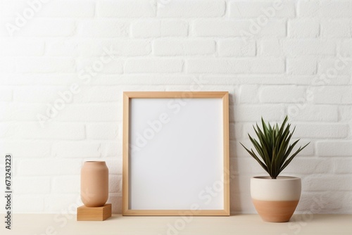 Bright wooden frame on shelf with plants and pots against empty wall. Generative AI © Safi