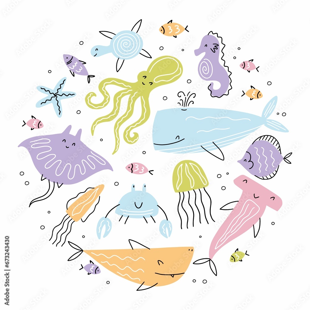 Round illustration from a collection of funny sea creatures, hand-drawn in the style of doodles