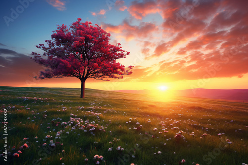 Colorful spring sunrise in the meadow