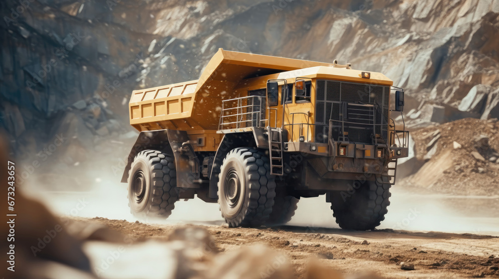 Yellow truck driving in lithium mine Yellow truck driving in lithium mine