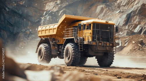 Yellow truck driving in lithium mine