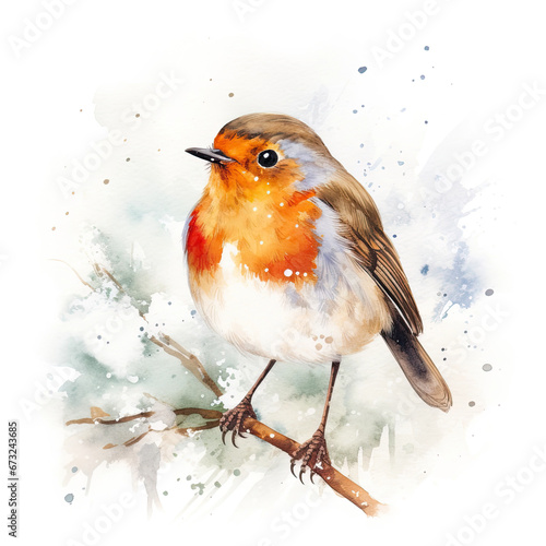 European robin perched on a branch in the snow. Digital watercolour illustration on white background.