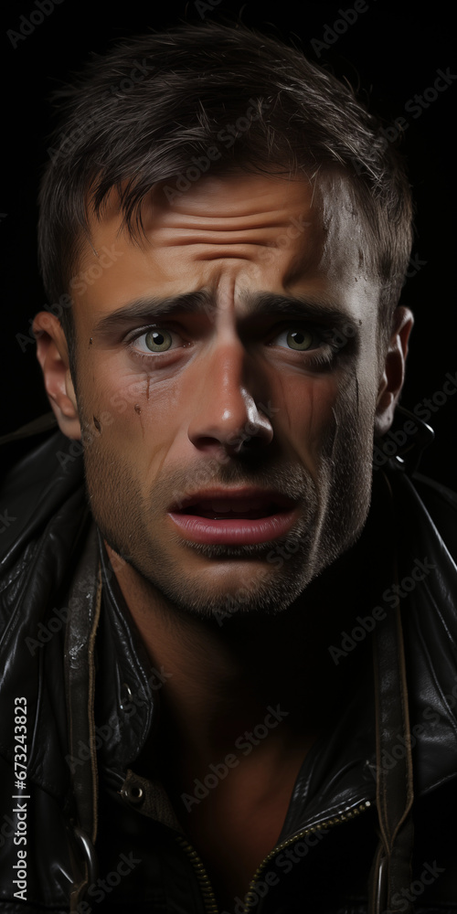 Obraz premium Mann mit schweren Depressionen Porträt Hochformat, ai generativ