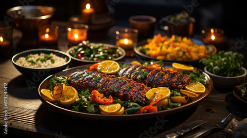 Arabic Cuisine Middle Eastern Traditional Lunch Assorted of Dishes on Blurred Background photo
