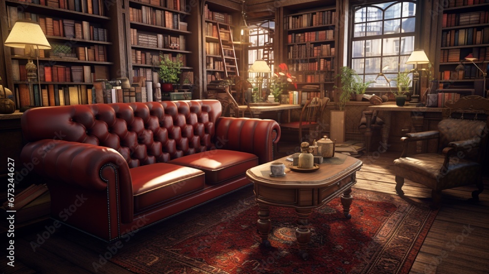 A first-person view of a bookstore's plush armchair corner, complete with an ornate wooden coffee table laden with hardcover classics.
