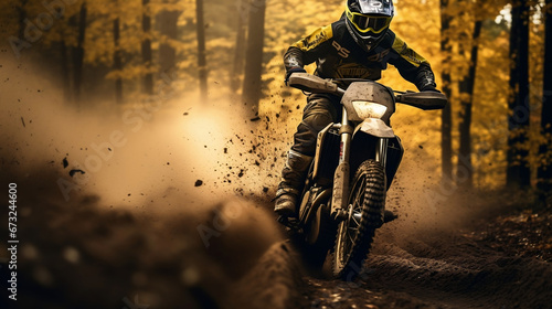 Motocross motorbike motorcycle rider on blurred mud dirt rainy mountain road © BeautyStock