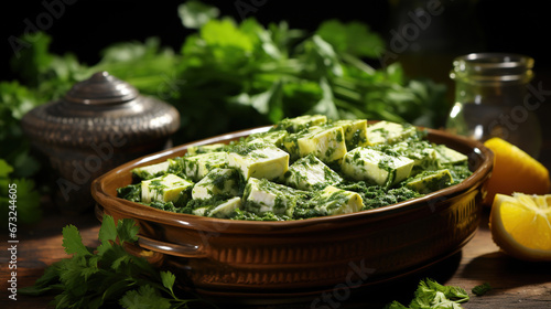 Palak Paneer Spanish with White Cream Sauce in Bowl or Karhai on Blurry Background