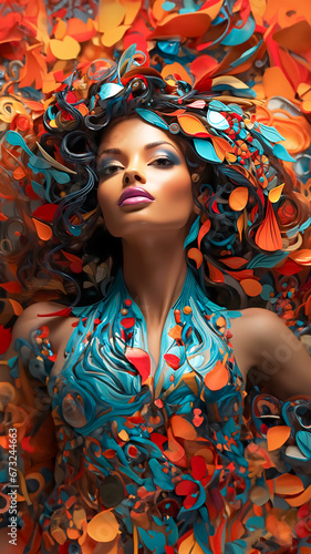 Woman in Blue Dress Posing Among Colorful Flower Petals