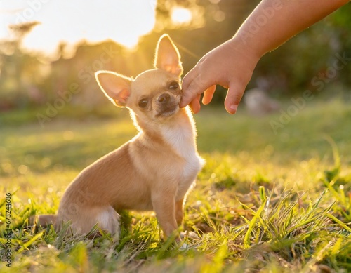 main d'enfant caressant un chien chihuahua © AlcelVision