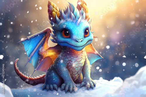 cute baby dragon in the snow, magical winter illustration with copy space © Dianne