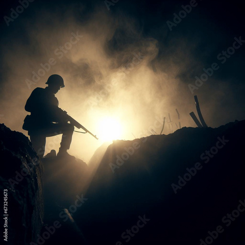 Backlit silhouette of a soldier checking the trenches