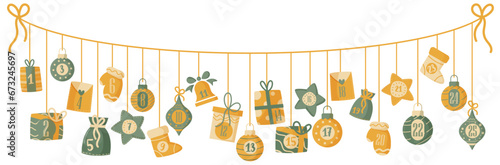Calendrier de l'avent sous forme de guirlande de Noël - Illustrations colorées et festives pour les fêtes de fin d'année - Numéros de 1 à 25 pour préparer les fêtes - Culture et tradition - Décembre photo