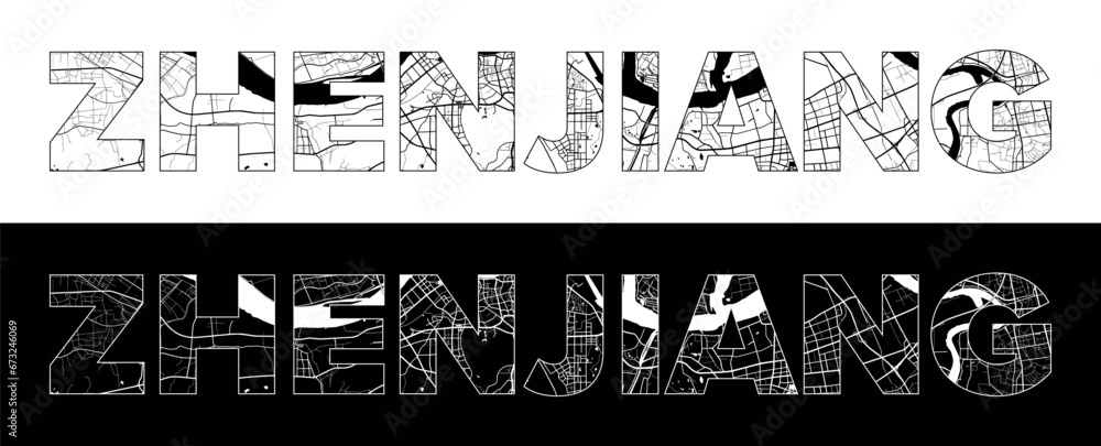 Obraz premium Zhenjiang Jiangsu City Name (China, Asia) with black white city map illustration vector