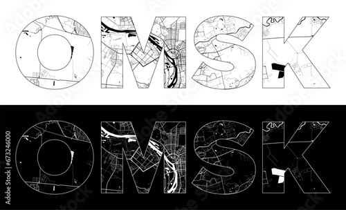 Omsk City Name (Russia, Asia) with black white city map illustration vector