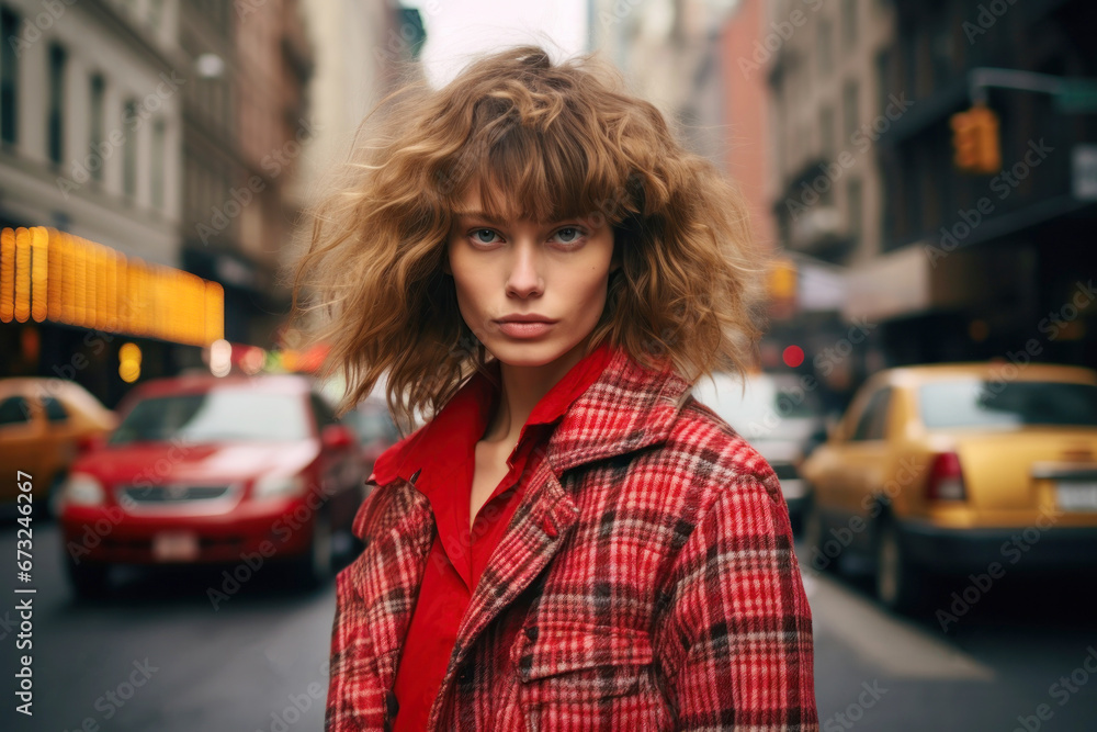 Portrait of a Young Woman in a Red Checked Coat on the Street of New York
