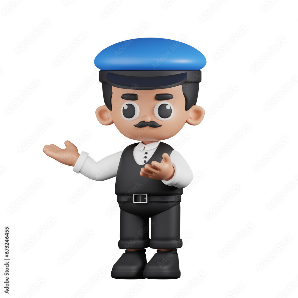 3d Character Driver Presenting Pose. 3d render isolated on transparent backdrop. 3d Character Driver Presenting Pose. 3d render isolated on transparent backdrop.