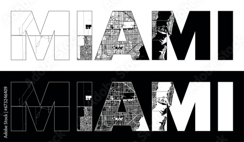 Miami City Name (United States, North America) with black white city map illustration vector