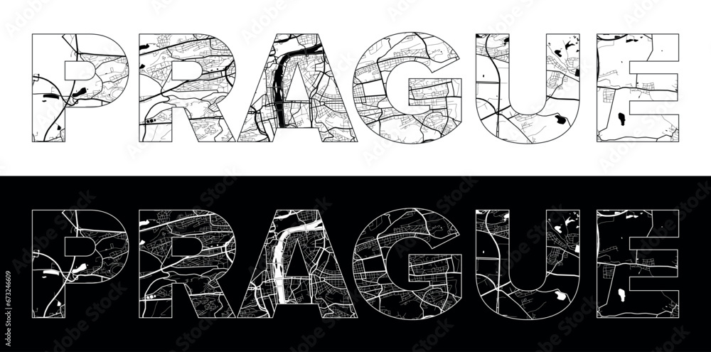 Obraz premium Prague City Name (Czech Republic, Europe) with black white city map illustration vector