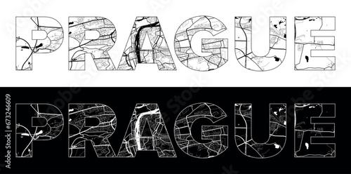 Prague City Name (Czech Republic, Europe) with black white city map illustration vector
