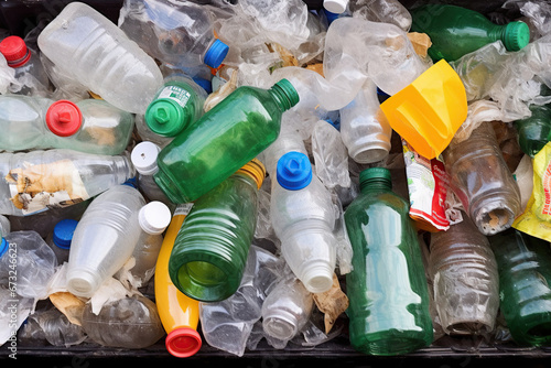 "Environmental Crisis, Overflowing Garbage Bin with Plastic Bottles"