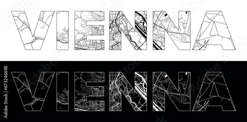 Vienna City Name (Austria, Europe) with black white city map illustration vector